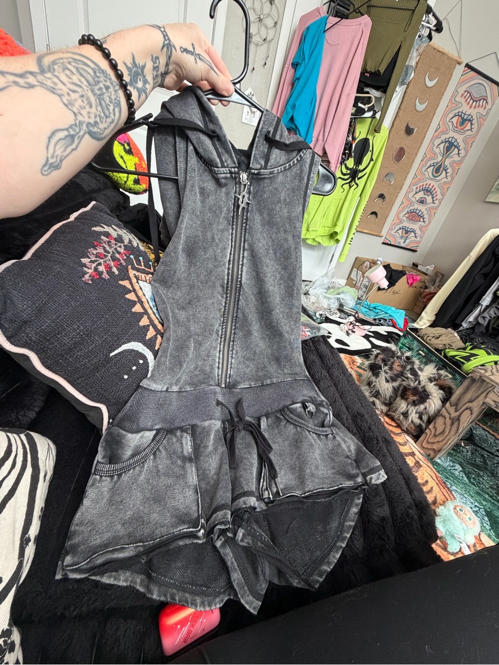 Sleeveless Washed Charcoal Zip-Up Hoodie Dress